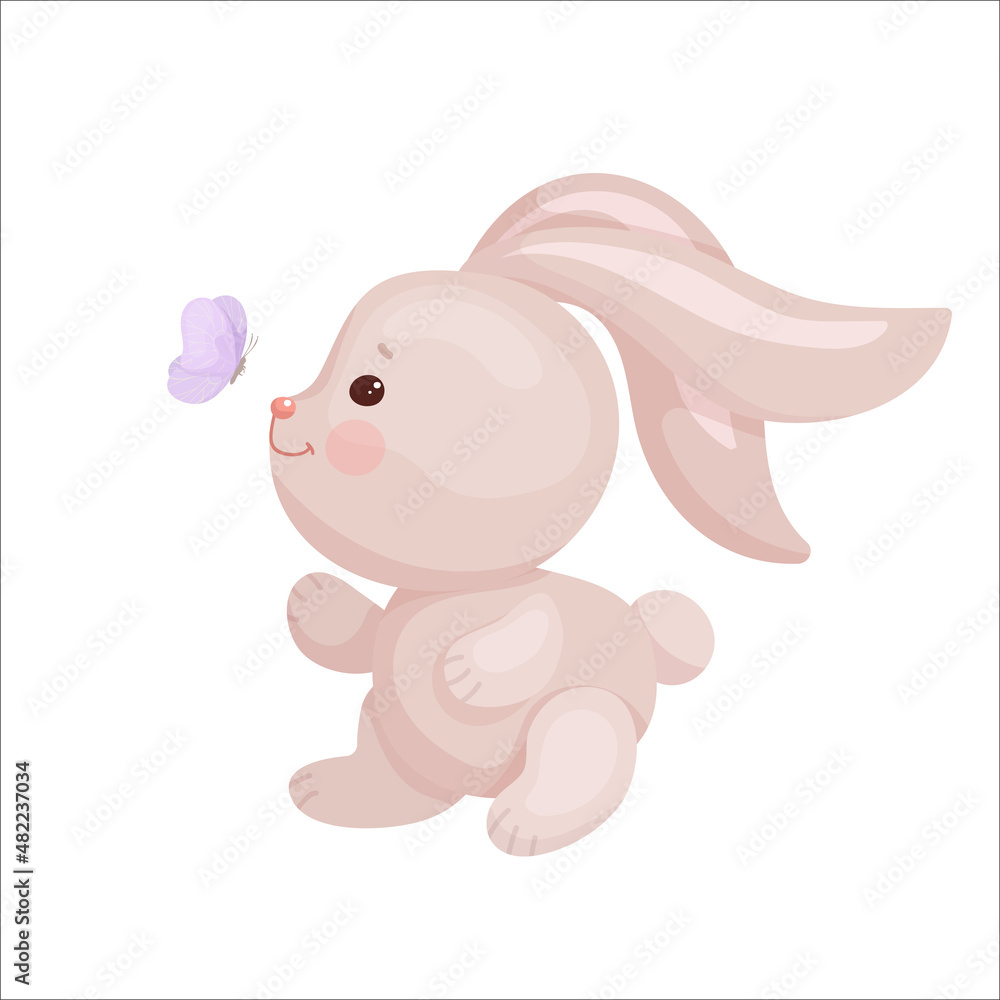 Cute cartoon rabbit catches a spring butterfly. Vector graphics. Cute cartoon rabbit catches a spring butterfly. Vector graphics.
