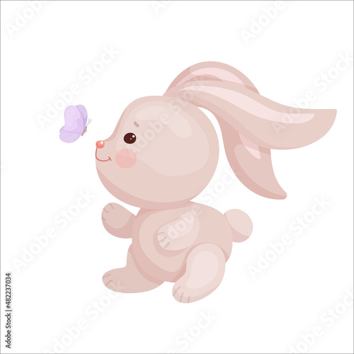 Cute cartoon rabbit catches a spring butterfly. Vector graphics.