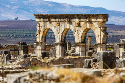 Fényképezés The majestic stone archways of Volubilis against the backdrop of the Atlas Mount
