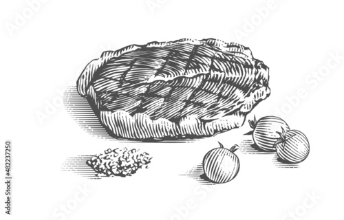 meat steak hand drawing sketch engraving illustration style