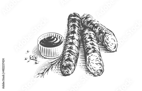 grill sausage hand drawing sketch engraving illustration style