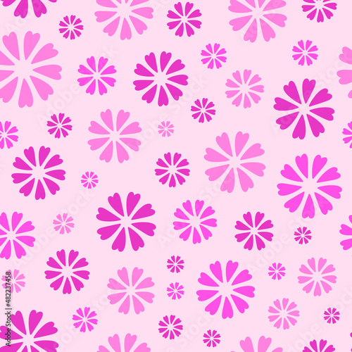 Square seamless pattern with hand drawn doodle flowers. Petals of flowers is heart shaped.