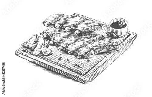 pork ribs on cutting board hand drawing sketch engraving illustration style