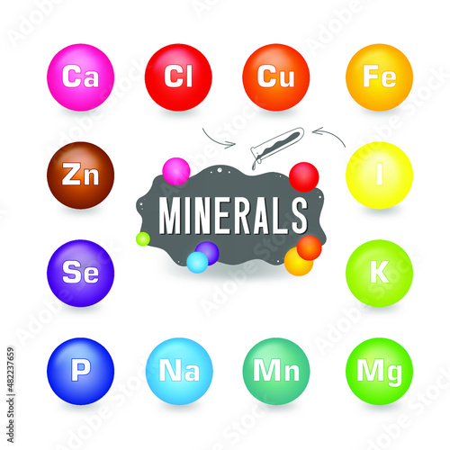 Vitamin mineral nutrition set. healthy food supplement icons. health diet iron, calcium, magnesium, zinc, potassium, iodine, phosphorus, copper, sodium, manganese, selenium