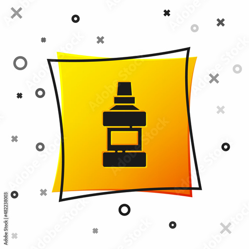 Black Mouthwash plastic bottle and glass icon isolated on white background. Liquid for rinsing mouth. Oralcare equipment. Yellow square button. Vector