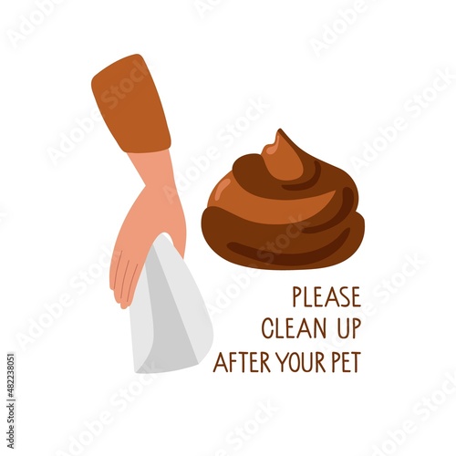 Clean up after your dog sign. Human hand holding paper scoop, Pet waste. Paper scoop for cleaning dog poop. Social responsibility. Flat vector illustration isolated on white background.
