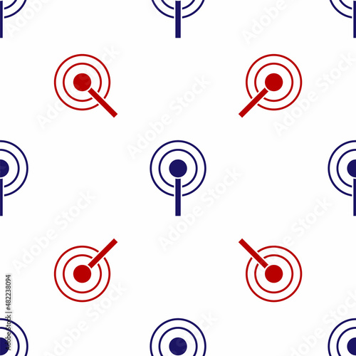 Blue and red Antenna icon isolated seamless pattern on white background. Radio antenna wireless. Technology and network signal radio antenna. Vector