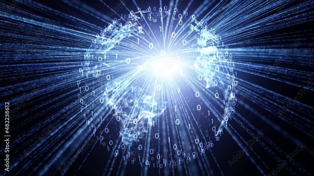Shiny binary numbers and Earth globe with shining light rays in blue cyberspace animation background. Shiny binary numbers and Earth globe with shining light rays in blue cyberspace animation background.