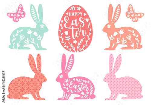 Easter egg and bunny with floral pattern, vector set