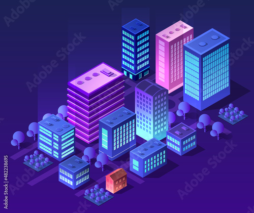 The night city background 3D illustration neon ultraviolet