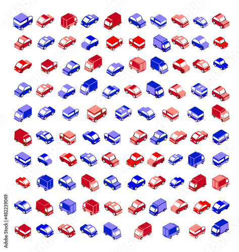 Isometric set vehicles from automobiles, trucks, vans, and trailers