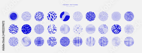 Collection of round abstract hand drawn or freehand patterns. Contemporary minimal modern trendy doodle. Templates for social media icons, posters. Vector