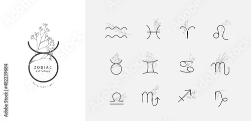 Set of Zodiac signs with floral brunch. Astrology horoscope icons of esoteric. Vector illustration