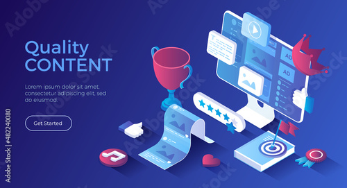 High Quality Content. Content marketing and optimization. Adding photos, videos, posts to the website, blog or social network. Isometric landing page. Vector web banner.