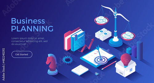 Business Planning. Startup, success strategy, target, idea, investment, money making. Business plan on clipboard, budget. Isometric landing page. Vector web banner.
