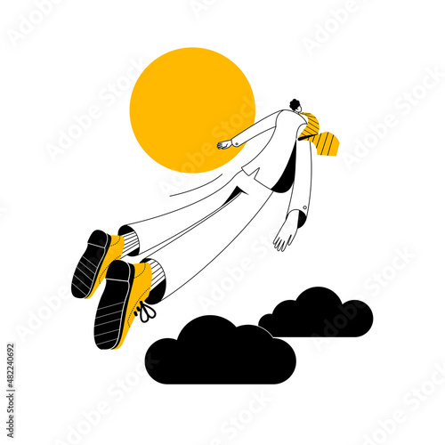 A man in a business suit flies out of the dark clouds to the sun. Vector two-color illustration on the topic of success and failure in business.