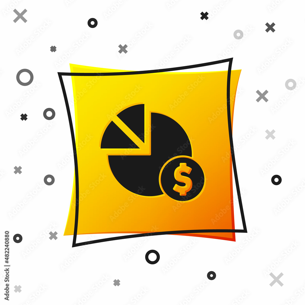 Black Pie chart infographic and dollar symbol icon isolated on white background. Diagram chart sign. Yellow square button. Vector Black Pie chart infographic and dollar symbol icon isolated on white background. Diagram chart sign. Yellow square button. Vector