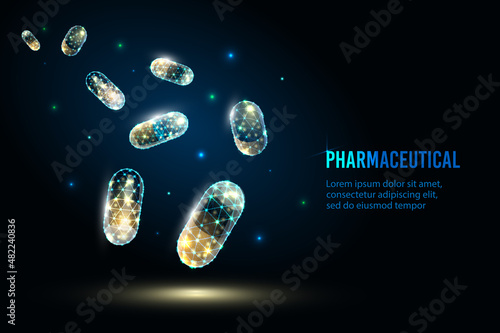 Futuristic glowing low-poly capsules with medicines, on a dark blue background. Vector illustration of a frame design. Medicine, pharmacy, healthcare, vitamins, antibiotics, pharmaceuticals, treatment