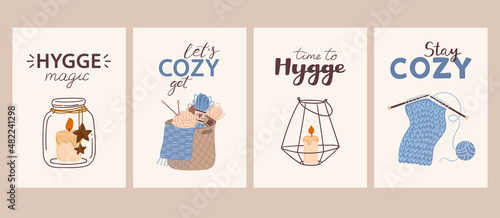 Cozy cards hygge theme. Illustrations with candles in candlesticks, knitting and balls of wool. Vector posters in flat style with cute lettering
