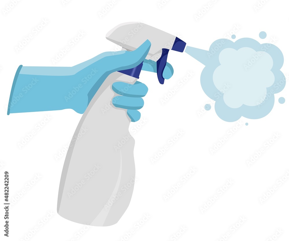 Flat vector illustration. A gloved hand holds a disinfectant. Treatment from viruses and microbes. Antiseptic for Coronavirus Flat vector illustration. A gloved hand holds a disinfectant. Treatment from viruses and microbes. Antiseptic for Coronavirus