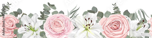Seamless vector border. White lilies, pink roses, eucalyptus, green plants and leaves. Elements for wedding design