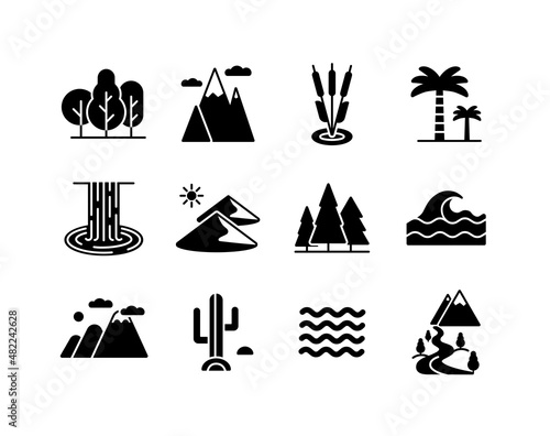 Nature vector glyph icons set. Landscape sign