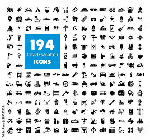 194 travel vacation vector glyph icons set