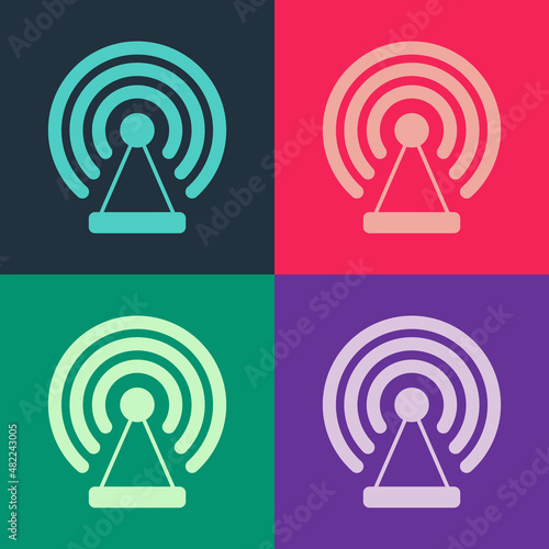 Pop art Radar icon isolated on color background. Search system. Satellite sign. Vector