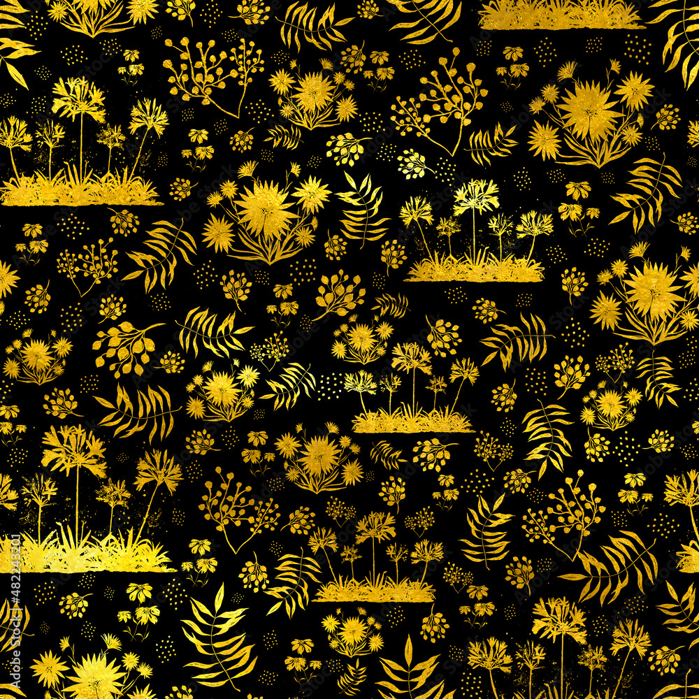 Exotic Floral Pattern Garden in Black Golden Tones