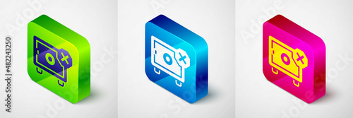 Isometric Safe icon isolated on grey background. The door safe a bank vault with a combination lock. Reliable Data Protection. Square button. Vector