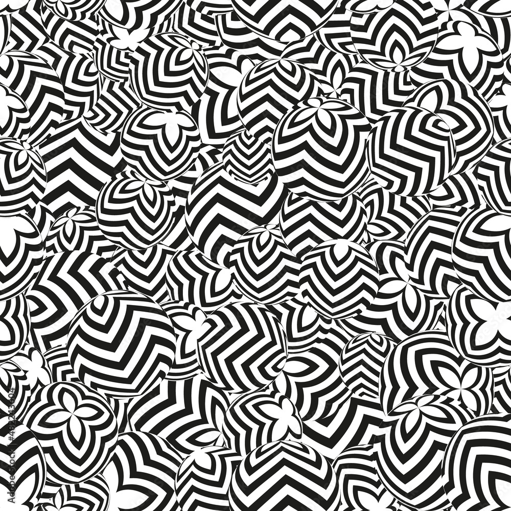 3D seamless pattern of abstract shapes, circles, colors in black and white 3D seamless pattern of abstract shapes, circles, colors in black and white