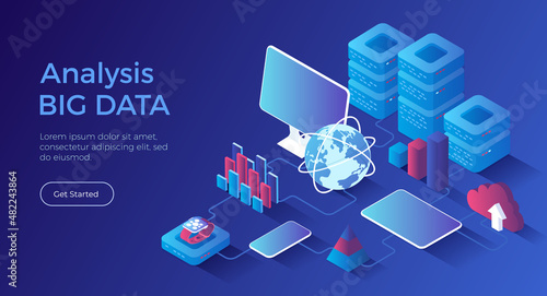 Big Data Analysis. Storage, Machine learning algorithms, Analyzing, Distribution Information, Reporting for optimization. Isometric landing page. Vector web banner.