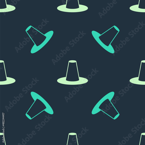 Green and beige Traditional korean hat icon isolated seamless pattern on blue background. Vector