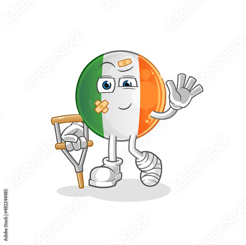 irish flag sick with limping stick. cartoon mascot vector