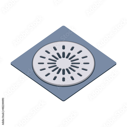 Shower drain with hair catcher cover. Stainless drainage manhole with stainless grid on sewer. Plumbing, water pipes sewage equipment. Cleaning and unclogging concept. Cartoon vector illustration