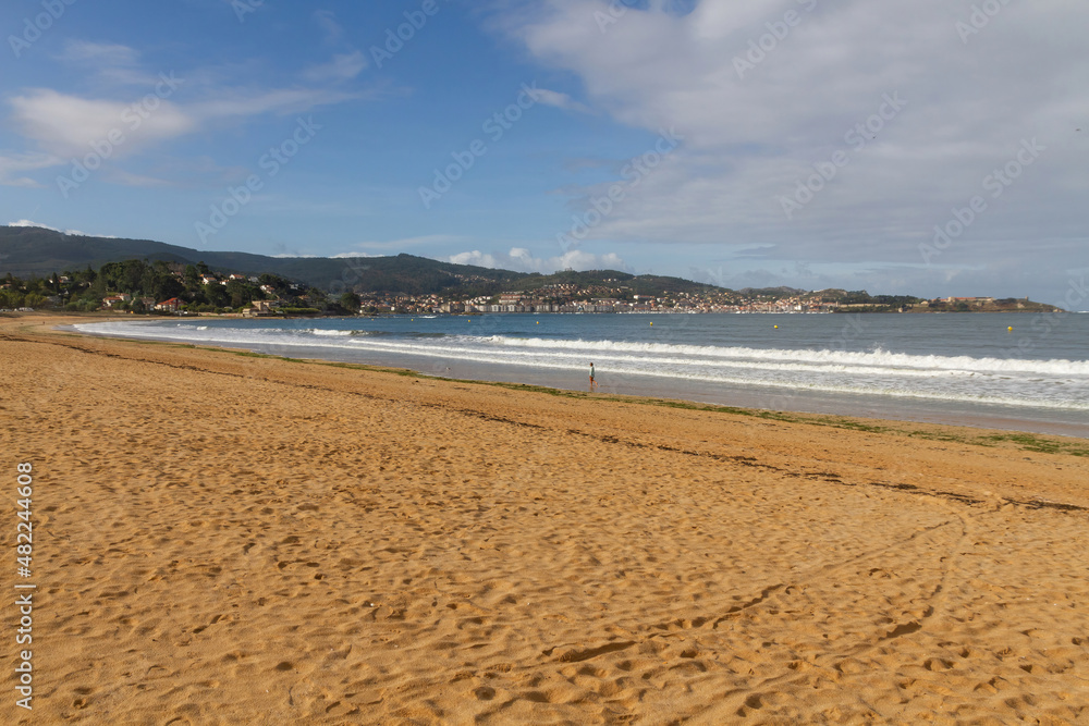 View of Playa América with Bayona in the background, Rías Baixas de Galicia, Spain
