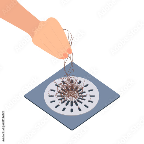 Hand removing hair clump from the shower drain. Hair fall problem and alopecia diagnostics concept. Cleaning grid after washing scalp. Cartoon vector illustration
