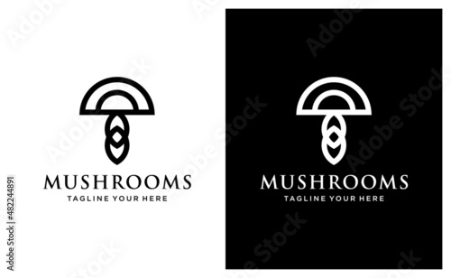 mushroom company line art simple and modern logo design inspiration. on a black and white background.