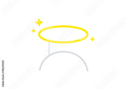 Angel costume gold halo on headband isolated on white background. Angelic golden nimbus photo props head band. Flat design cartoon vector illustration.