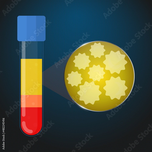 Test tube with plasma cells close up. Composition of blood. Platelet-rich plasma structure under microscope. Laboratory equipment. Scientific vector illustration
