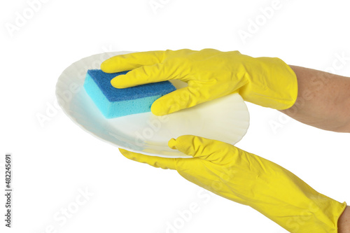 Hands in yellow gloves washing dish isolated on white background