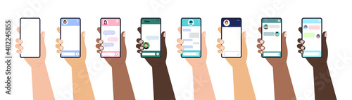 Chat bot dialoge windows on smartphone screen flat design set isolated. Online artificial intelligence robot message chat on holding hand mobil phone. Vector illustration of talk interface