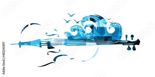 Violoncello with waves and seagulls isolated for live concert events, jazz music festivals and shows, party flyers. Musical promotional poster with cello, inspirational music vector illustration