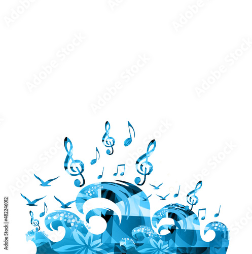 Musical poster with musical notes, waves and gulls isolated vector illustration. Inspirational music, composing, creating music. Design for live concert events, music festivals, shows, party flyers