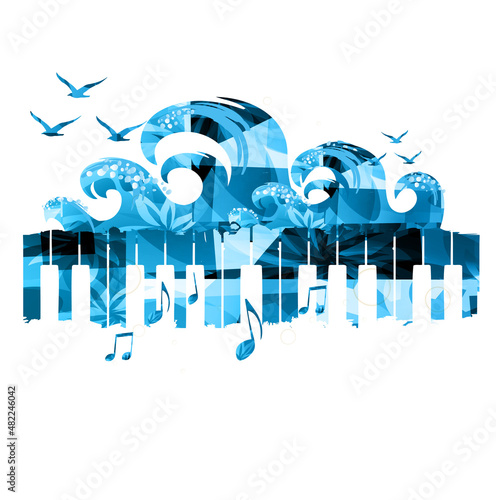 Piano keys with waves and seagulls isolated for live concert events, jazz music festivals and shows, party flyer. Musical promotional poster with piano keyboard, inspirational music vector