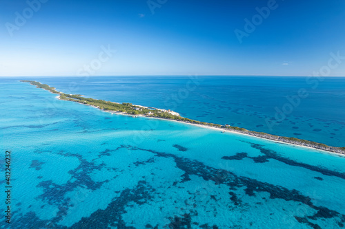 The drone panoramic view of Rose island, Bahamas.Rose Island is a small island in the Bahamas that lies 5 kilometres east of Paradise Island, which lies directly off of New Providence Island.