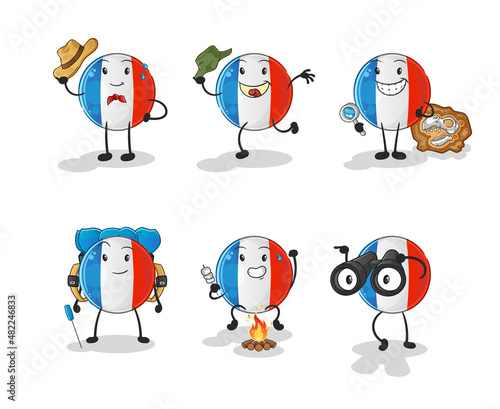 french flag adventure group character. cartoon mascot vector