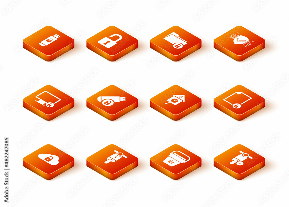 Set Cloud computing lock, Electric scooter, Lock on monitor, USB flash drive with, Cooler bag and Retro wall watch icon. Vector Set Cloud computing lock, Electric scooter, Lock on monitor, USB flash drive with, Cooler bag and Retro wall watch icon. Vector