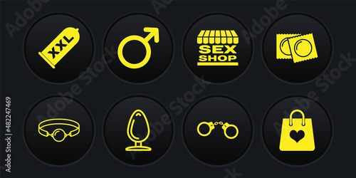 Set Silicone ball gag, Condoms in package, Anal plug, Handcuffs, Sex shop building, Male gender symbol, Shopping bag with heart and safe sex icon. Vector