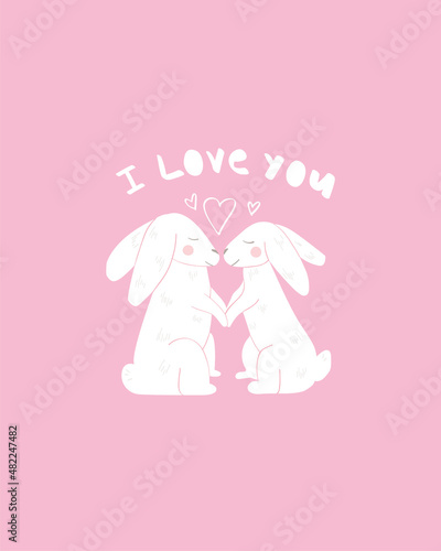 Two rabbits holding hands. White bunnies on a pink background. Lovely couple in love. Romantic vector illustration for valentine's day. Flat style. Great for postcard on February 14th.